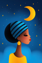 Stylized music festival poster featuring a woman with a striped headwrap and earrings under a crescent moon and starry night sky. Perfect for cultural, musical, and artistic events.