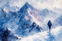 Solitary hiker trekking through snow-capped mountains, with the hues of dawn casting a soft glow on the peaks.