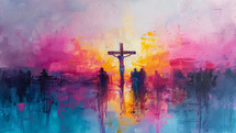 Abstract impressionist painting of Jesus on the cross with a colorful, reflective background.