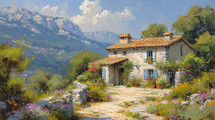 A classic painting depicting a traditional stone house in southern France, adorned with colorful flowers and set against the majestic backdrop of the French Alps.