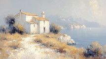 Vintage impressionist painting of an isolated chapel overlooking the sea, with sunlit cliffs and a solitary sailboat in the distance.