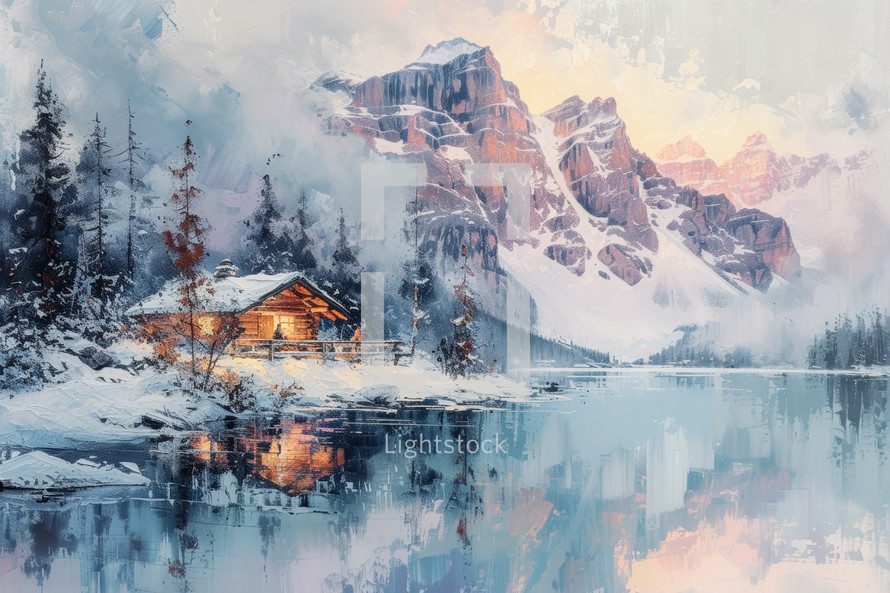 Secluded Alpine hut on a serene winter's evening with radiant mountain peaks reflected in a still lake.