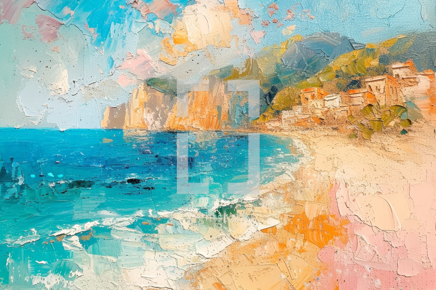 Impressionist Italian beach scene with vibrant cliffs, azure sea, and textured sand under a pastel sky.