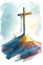 Vibrant watercolor illustration of the cross, symbolizing hope and resurrection in Christianity.