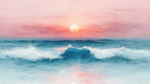 Vibrant sunset over tranquil ocean waves, a captivating oil painting with rich textures and a serene atmosphere.