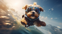 A cute dog flying through the air with pilot goggles.
