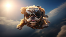 A cute dog flying through the clouds with pilot goggles.