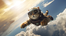 A cute cat flying through the clouds with pilot goggles.