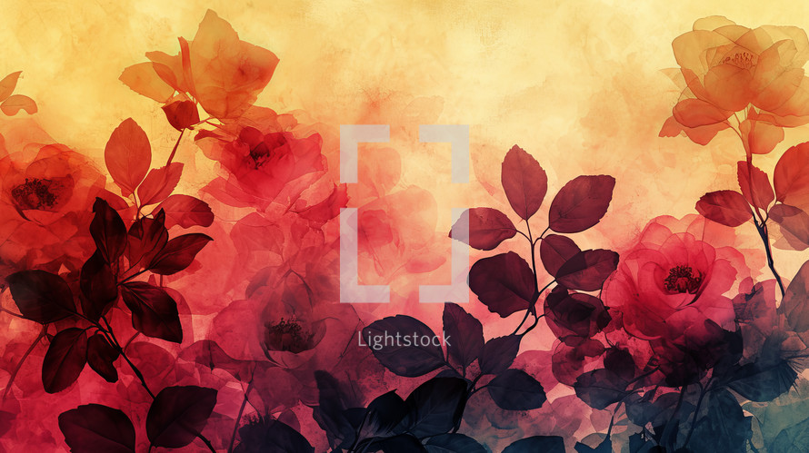 Artistic digital image of roses with a translucent effect, set against a warm, textured, sunset-colored backdrop.