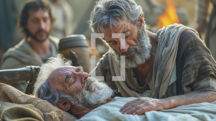 Tender moment of Apostle Paul healing Publius father, biblical healing scene in Malta.