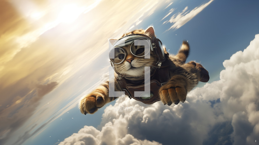 A cute cat flying through the clouds with pilot goggles.