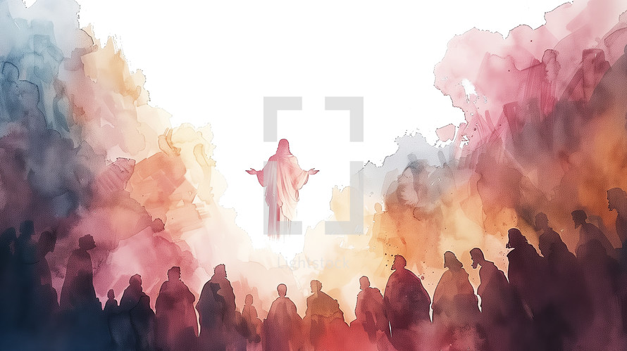 A watercolor depiction of Jesus' ascension witnessed by silhouetted figures in warm tones.