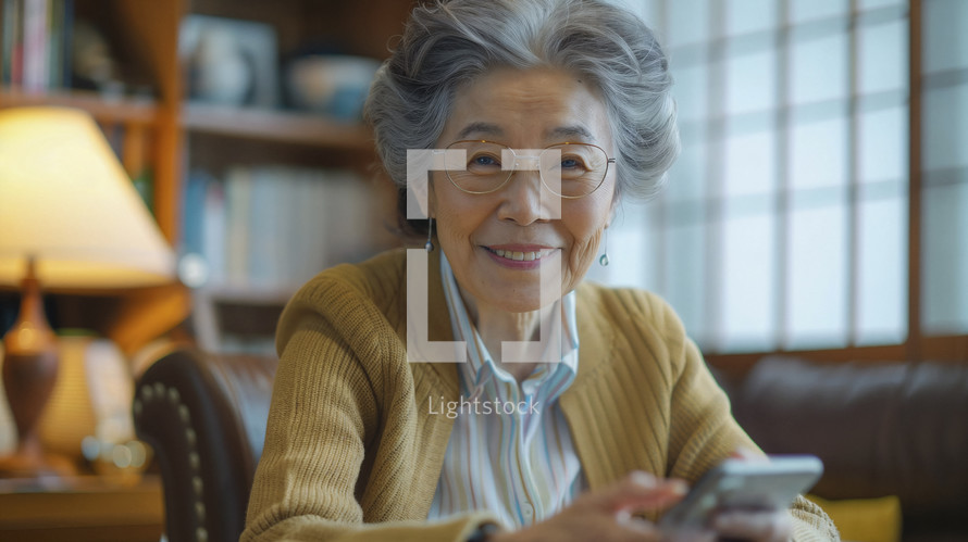 Elderly Asian woman with phone, cozy home interior, warm smile.