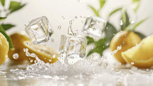 Refreshing ice cubes falling with a splash near crisp lemons, suggesting coolness and freshness.