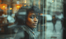 Moody portrait of a young woman with contemplative eyes looking through a glass window in a city café.