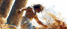 Dynamic portrayal of Samson exerting his strength, with the temple pillars crumbling around him.
