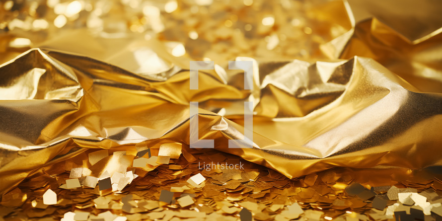 Golden background with confetti. Christmas, Happy New Year, wedding or birthday concept.