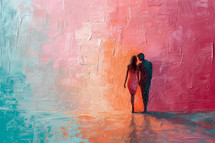 Silhouetted couple on a romantic walk, abstract textured pink and blue background evoking warmth and affection.