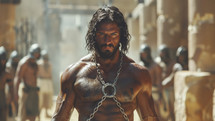 A formidable Samson in chains, his gaze defiant, in the midst of Philistine soldiers.