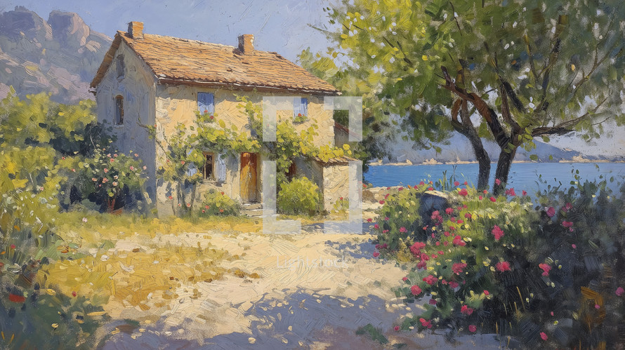 Impressionist-style painting of a quaint house in Southern France amidst a lush garden with blooming roses and a backdrop of a serene lake.