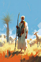 Colorful painting art portrait of Abraham in the sheep pasture. Christian illustration.