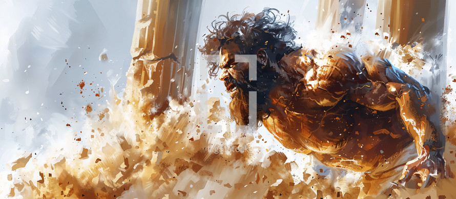 Dynamic portrayal of Samson exerting his strength, with the temple pillars crumbling around him.