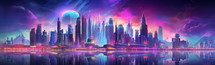 Futuristic neon-lit cityscape at night with high-tech skyscrapers and a vibrant atmosphere of advanced urban living.