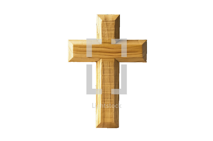 A simple, elegant wooden Christian cross isolated on a transparent background, with soft lighting emphasizing the wood's texture.