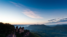 rocky peaks and a mountain range. The Three Sisters. Blue Mountains World Heritage Area.