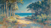 Vintage painting depicting a sandy path through a coastal pine forest leading to the bright blue sea, capturing the essence of a Northern French beach.