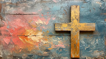 Textured vintage painting of a minimalist wooden cross, with a background of rich, abstract brushstrokes in warm and cool tones.