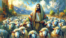 Illustration of Jesus as the Good Shepherd, vibrant pastoral scene.