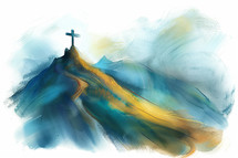Watercolor painting of the cross on Golgotha, capturing the solemnity and sanctity of the site.