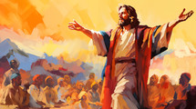 A warm-toned illustration of Jesus preaching to an attentive crowd, set against a backdrop of sunlit hills.