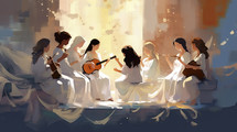 Colorful painting art of angels singing and praising God in heaven. Christian illustration.