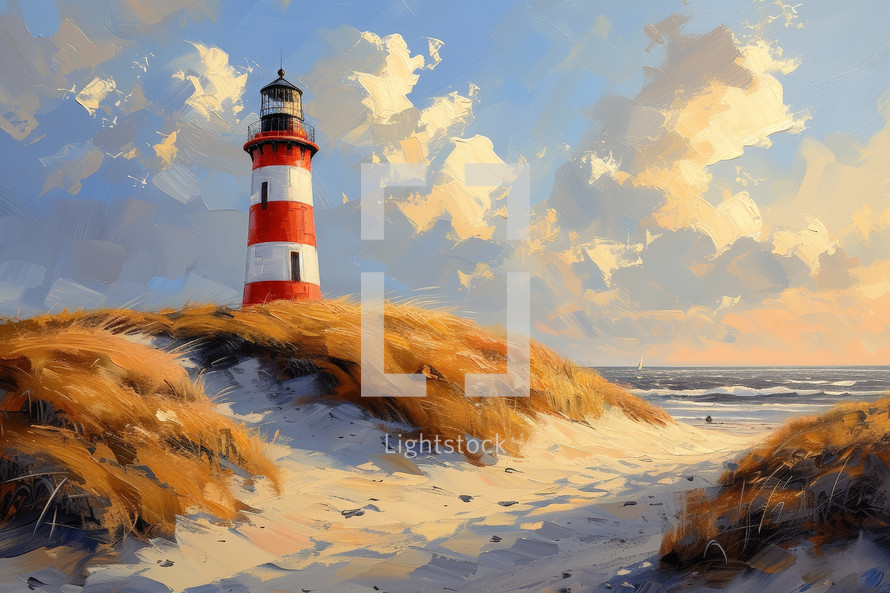 A vivid digital painting capturing the classic beauty of a red and white striped lighthouse perched atop windswept dunes against a dramatic sky.