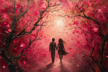 Couple walking hand-in-hand under a canopy of vibrant red leaves, symbolizing romance and love.