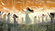 Colorful painting art of angels singing and praising God in heaven. Christian illustration.