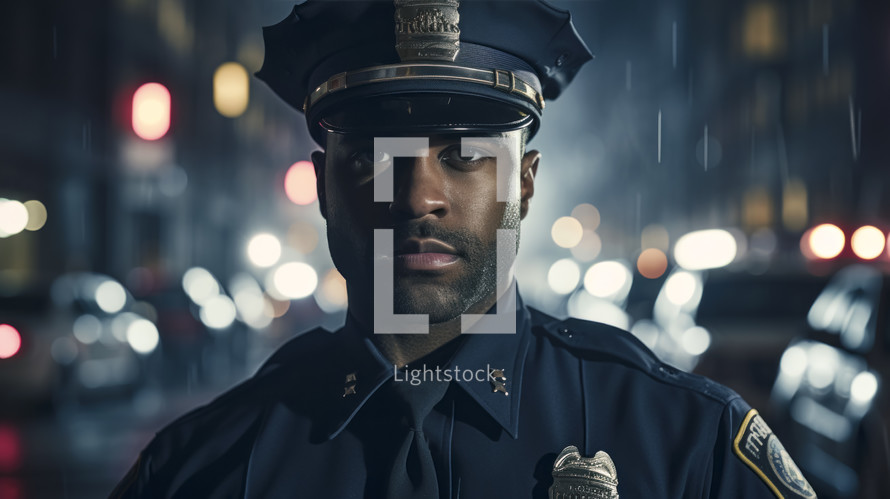 Portrait of a smiling police officer in urban background.