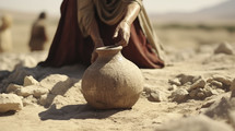 Clay water jug with a samaritan woman in the background. Christian illustration.