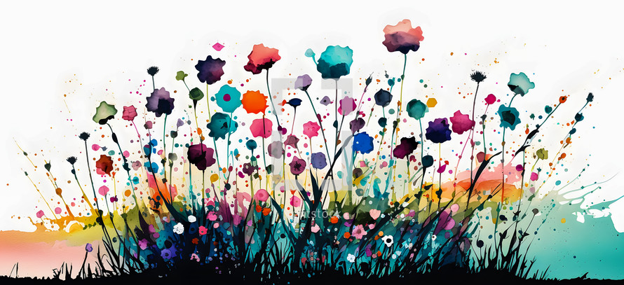 Colorful AI art of a spring flower meadow on white background.