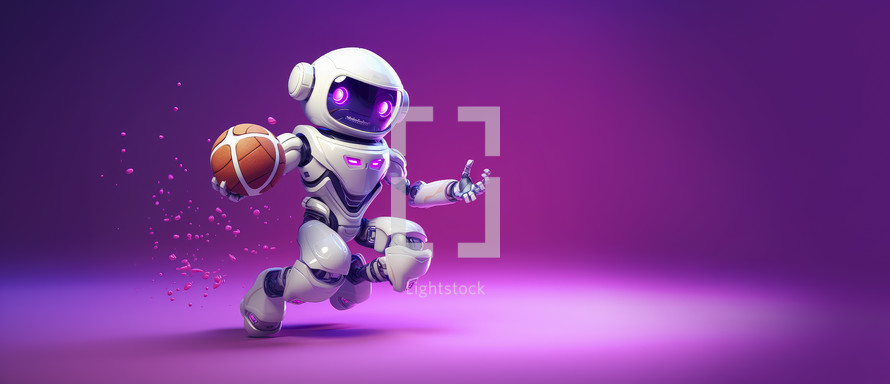 Portrait of a robot playing basketball. Blurred pink and purple background.