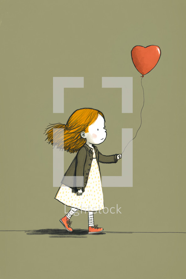 Abstract painting concept. Colorful art in kids style. Young girl walking with a balloon in form of a heart shape.