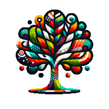 Logo of a stylized tree with vibrant, colorful leaves, combining elements of nature with an abstract, modern twist.