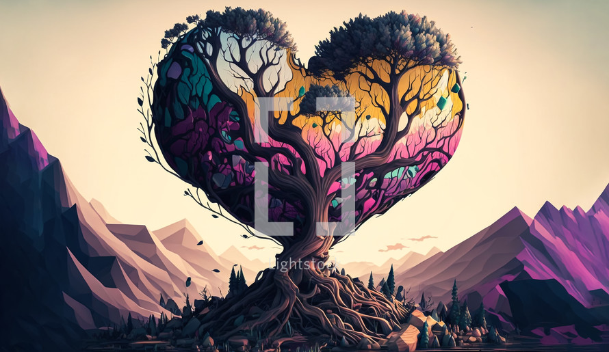 Colorful AI painting of heart shaped tree.