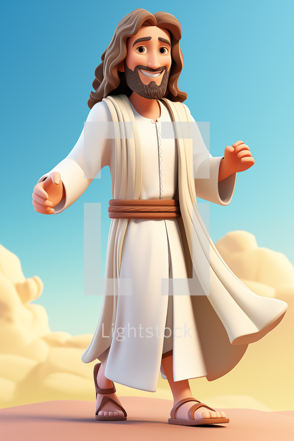 3D character of biblical happy Jesus walking. New testament concept.
