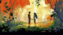 Colorful painting art portrait of Adam and Eve in the Garden of Eden. Old testament. Christian illustration.