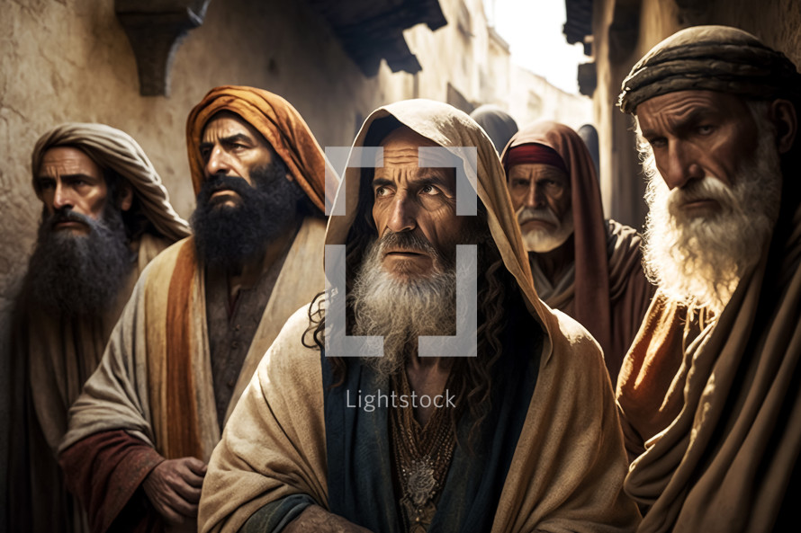 Colorful AI art of some Pharisees in the streets of Jerusalem. New testament. Christian illustration.