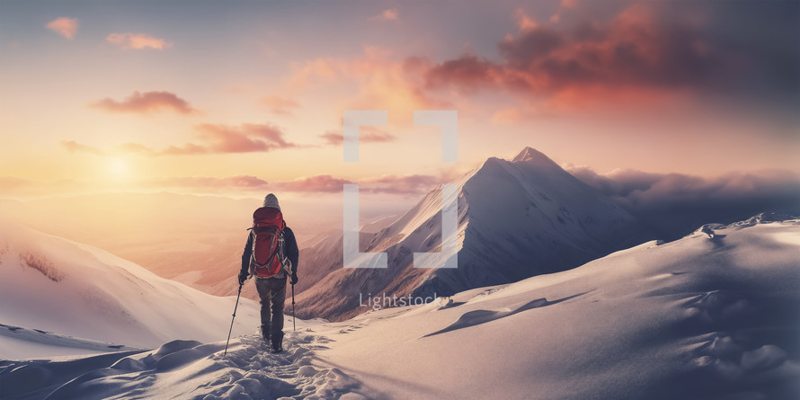 Adventurer trekking through snowy mountains at sunset.