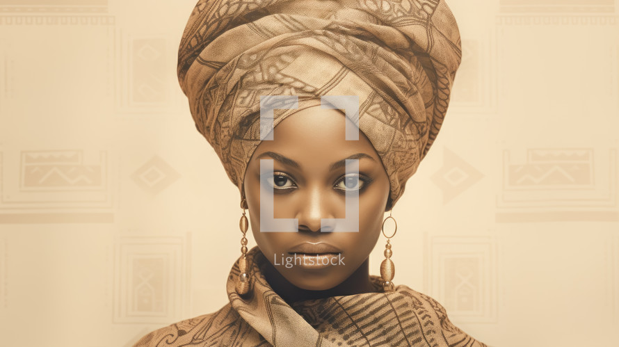 Portrait of beautiful young african woman with a headscarf looking in camera.